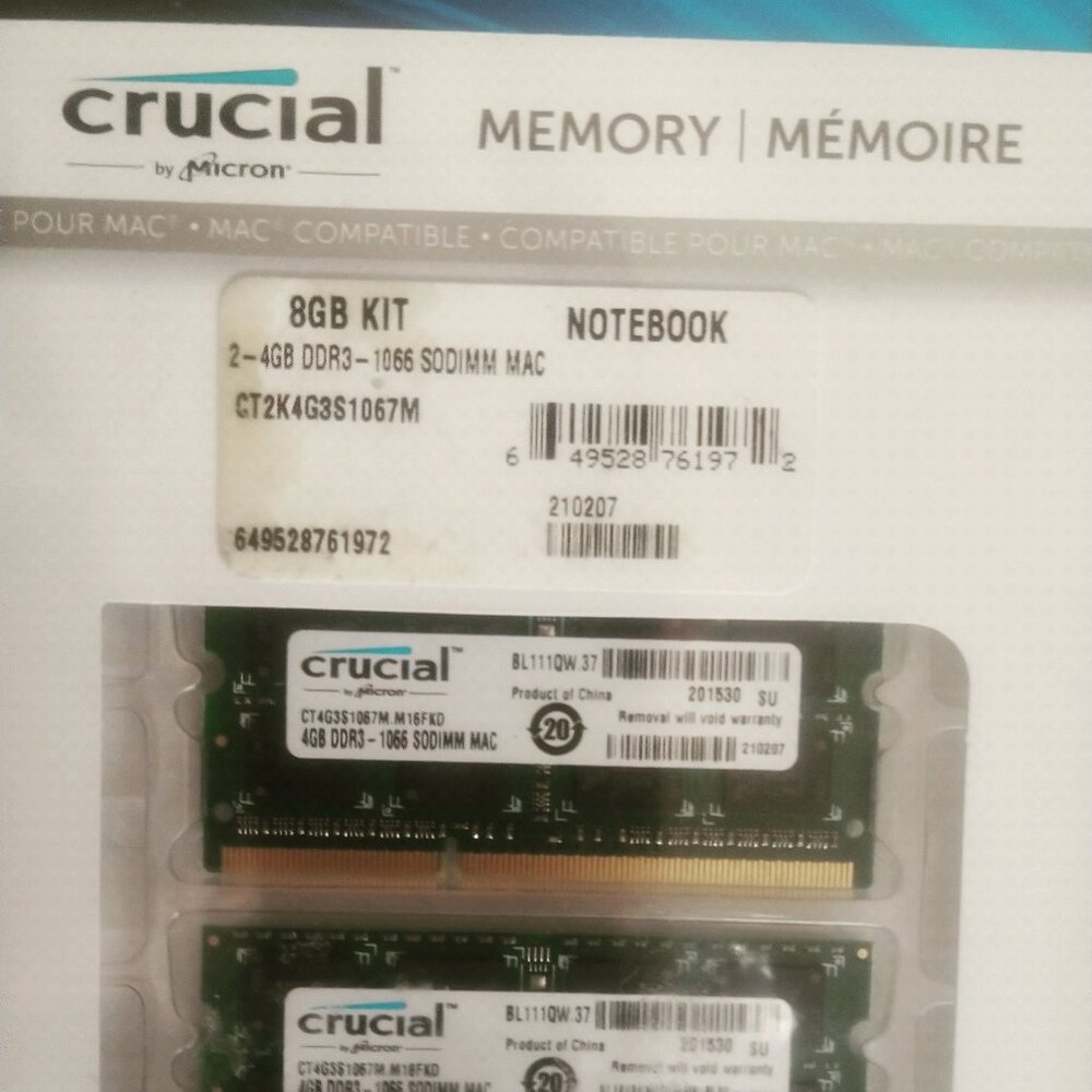 NEW Crucial 8GB Kit (2 x 4GB) DDR3-1066 SODIMM MAC